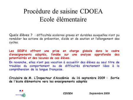 Procédure de saisine CDOEA Ecole élémentaire