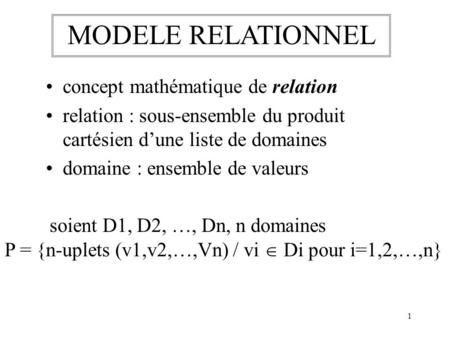 MODELE RELATIONNEL concept mathématique de relation