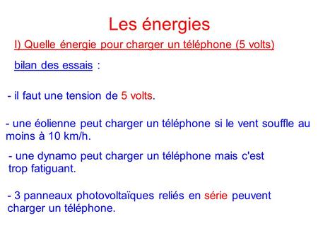 Les énergies I) Quelle énergie pour charger un téléphone (5 volts)