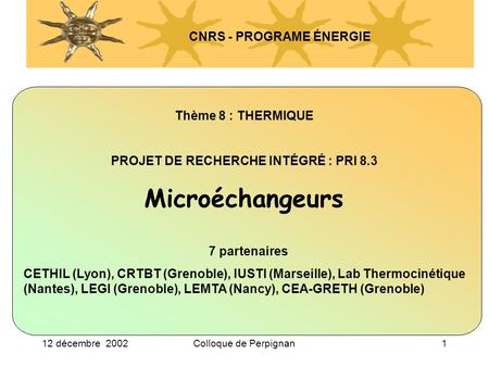 12 décembre 2002Colloque de Perpignan1 Centre de Thermique de Lyon (Unité Mixte de Recherche CNRS, INSA, Université Claude Bernard Lyon1) Directeur : Pr.
