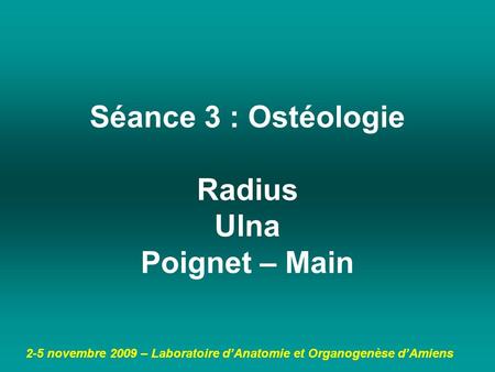 Séance 3 : Ostéologie Radius Ulna Poignet – Main