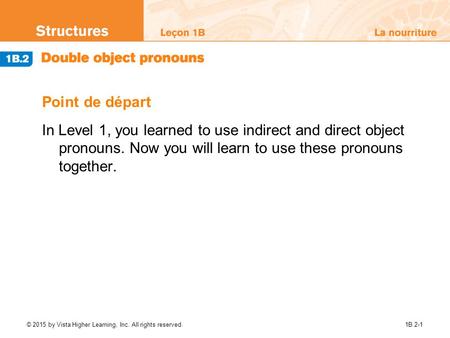 © 2015 by Vista Higher Learning, Inc. All rights reserved.1B.2-1 Point de départ In Level 1, you learned to use indirect and direct object pronouns. Now.