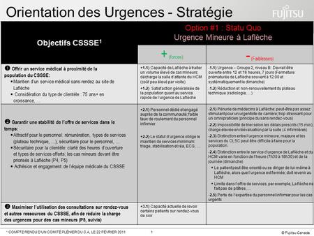 © Fujitsu Canada 1 Orientation des Urgences - Stratégie Objectifs CSSSE 1 + (forces) - (Faiblesses) +1.1) Capacité de Laflèche à traiter un volume élevé.
