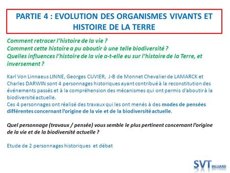PARTIE 4 : EVOLUTION DES ORGANISMES VIVANTS ET HISTOIRE DE LA TERRE
