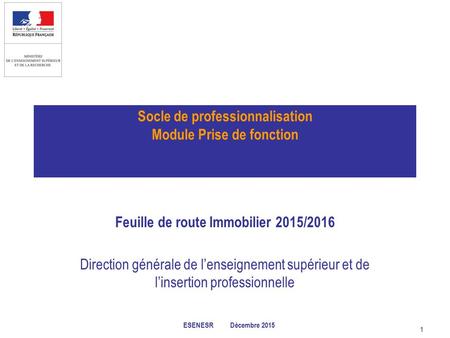 1 ESENESR Décembre 2015 Socle de professionnalisation Module Prise de fonction Feuille de route Immobilier 2015/2016 Direction générale de l’enseignement.