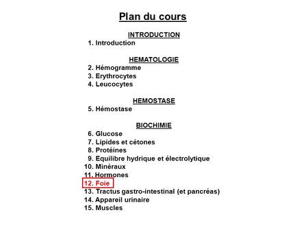 Plan du cours INTRODUCTION 1. Introduction HEMATOLOGIE 2. Hémogramme 3. Erythrocytes 4. Leucocytes HEMOSTASE 5. Hémostase BIOCHIMIE 6. Glucose 7. Lipides.