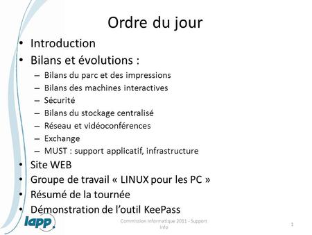 Ordre du jour Introduction Bilans et évolutions : – Bilans du parc et des impressions – Bilans des machines interactives – Sécurité – Bilans du stockage.