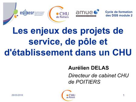 29/05/2016 1 Les enjeux des projets de service, de pôle et d'établissement dans un CHU Cycle de formation des DGS module 2 Aurélien DELAS Directeur de.
