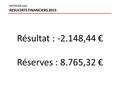 Résultat : -2.148,44 € Réserves : 8.765,32 € ENTRAIDE asbl RESULTATS FINANCIERS 2015.