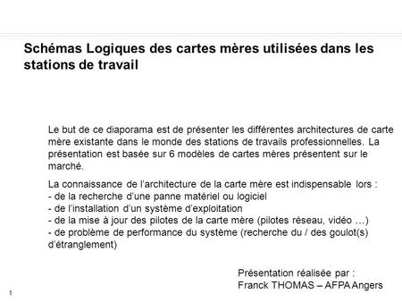 Schémas Logiques des cartes mères utilisées dans les stations de travail Présentation réalisée par : Franck THOMAS – AFPA Angers Le but de ce diaporama.