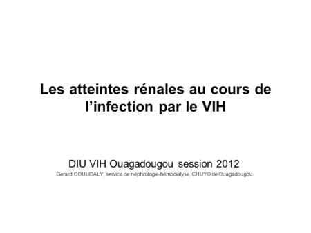 Les atteintes rénales au cours de l’infection par le VIH DIU VIH Ouagadougou session 2012 Gérard COULIBALY, service de néphrologie-hémodialyse, CHUYO de.