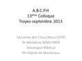 A.B.C.P.H 13 ème Colloque Troyes-septembre 2013 Sarcomes des Tissus Mous (STM) Dr Bénédicte DEMUYNCK Oncologue Médical PH Hôpital de Montereau.