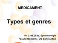 Types et genres MEDICAMENT Pr. L. NEZZAL, Epidémiologie Faculté Médecine, UM Constantine.