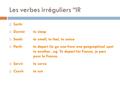Les verbes irréguliers “IR  Sortir  Dormirto sleep  Sentirto smell, to feel, to sense  Partirto depart (to go one from one geographical spot to another..eg.
