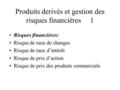 Produits derivés et gestion des risques financières 1 Risques financières: Risque de taux de changes Risque de taux d’intérêt Risque de prix d’action Risque.