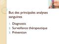 But des principales analyses sanguines 1. Diagnostic 2. Surveillance thérapeutique 3. Prévention.