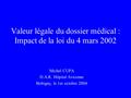 Valeur légale du dossier médical : Impact de la loi du 4 mars 2002 Michel CUPA D.A.R. Hôpital Avicenne Bobigny, le 1er octobre 2004.