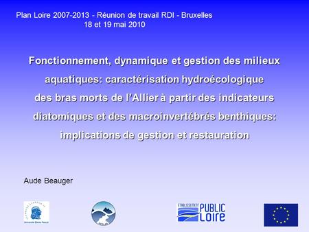 Plan Loire 2007-2013 - Réunion de travail RDI - Bruxelles 18 et 19 mai 2010 Aude Beauger Fonctionnement, dynamique et gestion des milieux aquatiques: caractérisation.