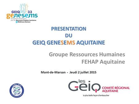 PRESENTATION DU GEIQ GENESEMS AQUITAINE Groupe Ressources Humaines FEHAP Aquitaine - Mont-de-Marsan - Jeudi 2 juillet 2015.