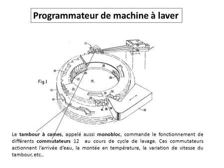 Programmateur de machine à laver Le tambour à cames, appelé aussi monobloc, commande le fonctionnement de différents commutateurs 12 au cours de cycle.