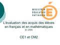 L’évaluation des acquis des élèves en français et en mathématiques En 2009 CE1 et CM2.