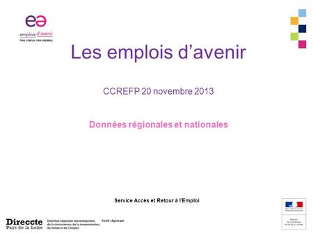1 Service Accès et Retour à l’Emploi Unité régionale Les emplois d’avenir CCREFP 20 novembre 2013 Données régionales et nationales.