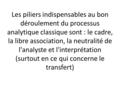 Les piliers indispensables au bon déroulement du processus analytique classique sont : le cadre, la libre association, la neutralité de l'analyste et l'interprétation.