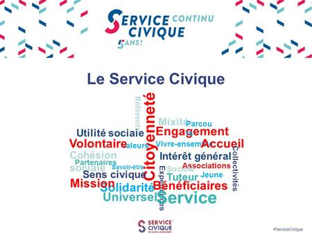 #5erviceCivique Le Service Civique Engagement Citoyenneté Valeurs Vivre-ensemble Intérêt général Utilité sociale Mixité Cohésion sociale Parcou rs VolontaireAccueil.