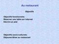Au restaurant Objectifs Objectifs fonctionnels: Réserver une table sur internet Décrire un plat Objectifs socio-culturels: Déjeuner/dîner au restaurant.