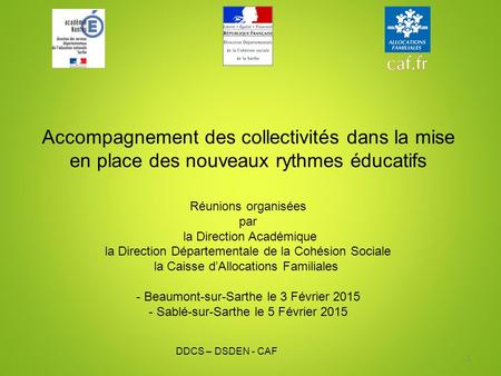 DDCS – DSDEN - CAF1 Accompagnement des collectivités dans la mise en place des nouveaux rythmes éducatifs Réunions organisées par la Direction Académique.