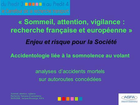 Sommeil, attention, vigilance : Recherche française et européenne 06/05/2008, Jacques Boussuge, ASFA Enjeu et risque pour la Société Accidentologie liée.