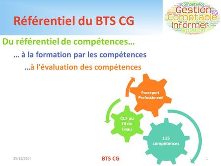Référentiel du BTS CG Du référentiel de compétences… … à la formation par les compétences …à l’évaluation des compétences 25/11/2014 BTS CG 1 115 compétences.