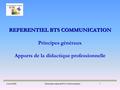 5 mai 2009 Séminaire national BTS Communication 1 REFERENTIEL BTS COMMUNICATION Principes généraux Apports de la didactique professionnelle.