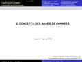Bases de données   J-L Hainaut 2012 1 I. Concepts des bases de données 1. Motivation et introduction 5. Les SGBD 2. Concepts des bases de données 3.