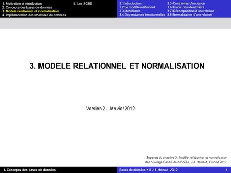 I. Concepts des bases de données Bases de données   J-L Hainaut 2012 1 1. Motivation et introduction 5. Les SGBD 2. Concepts des bases de données 3.