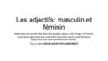 Les adjectifs: masculin et féminin Adjectives are words that describe people, places, and things. In French, masculine adjectives are used with masculine.