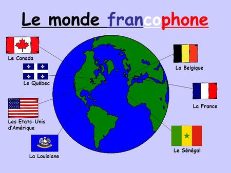 Le monde francophone Le Canada Le Québec Les Etats-Unis d’Amérique La Louisiane La Belgique La France Le Sénégal.