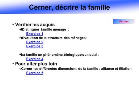 Cerner, décrire la famille Vérifier les acquis  Distinguer famille ménage : Exercice 1  Évolution de la structure des ménages: Exercice 2 Exercice 3.