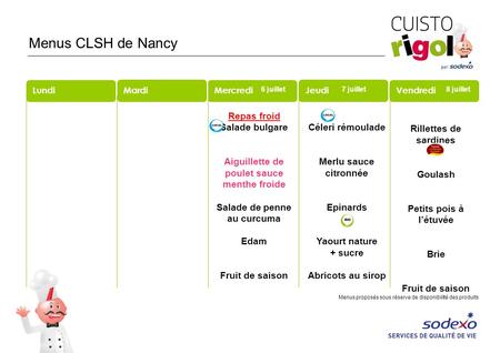 LundiMardiMercrediJeudiVendredi Menus proposés sous réserve de disponibilité des produits Menus CLSH de Nancy Repas froid Salade bulgare Aiguillette de.