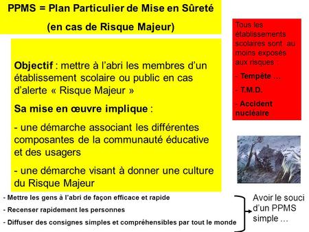 Objectif : mettre à l’abri les membres d’un établissement scolaire ou public en cas d’alerte « Risque Majeur » Sa mise en œuvre implique : - une démarche.