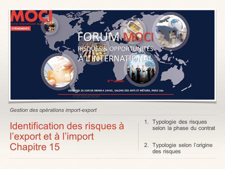 Gestion des opérations import-export Identification des risques à l’export et à l’import Chapitre 15 1.Typologie des risques selon la phase du contrat.