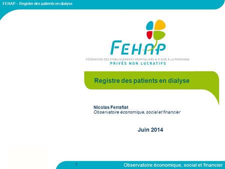 Observatoire économique, social et financier 1 FEHAP – Registre des patients en dialyse Registre des patients en dialyse Nicolas Ferrafiat Observatoire.