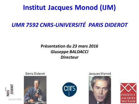 Institut Jacques Monod (IJM) UMR 7592 CNRS-UNIVERSITÉ PARIS DIDEROT Présentation du 23 mars 2016 Giuseppe BALDACCI Directeur Georges-Louis Leclerc,