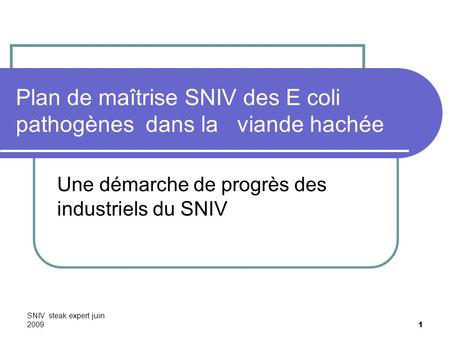SNIV steak expert juin 2009 1 Plan de maîtrise SNIV des E coli pathogènes dans la viande hachée Une démarche de progrès des industriels du SNIV.