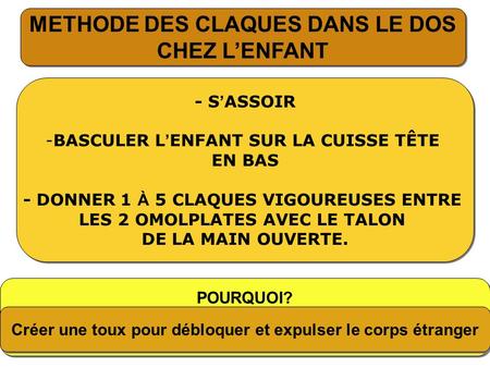 METHODE DES CLAQUES DANS LE DOS CHEZ L’ENFANT METHODE DES CLAQUES DANS LE DOS CHEZ L’ENFANT - S ’ ASSOIR -BASCULER L ’ ENFANT SUR LA CUISSE TÊTE EN BAS.