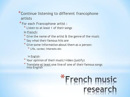 * Continue listening to different francophone artists * For each Francophone artist : * Listen to at least 1 of their songs In French: * Give the name.