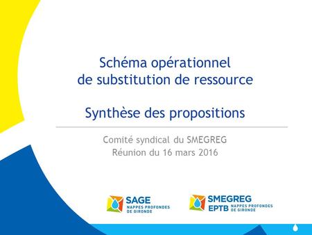 Schéma opérationnel de substitution de ressource Synthèse des propositions Comité syndical du SMEGREG Réunion du 16 mars 2016.