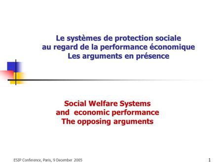 ESIP Conference, Paris, 9 December 2005 1 Le systèmes de protection sociale au regard de la performance économique Les arguments en présence Social Welfare.