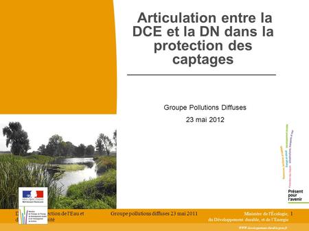 DGALN - Direction de l'Eau et de la Biodiversité Groupe pollutions diffuses 23 mai 20111 Articulation entre la DCE et la DN dans la protection des captages.