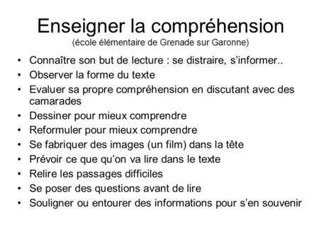 Enseigner la compréhension (école élémentaire de Grenade sur Garonne)